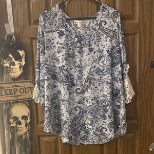 Blue Paisley Lace-Trim Top